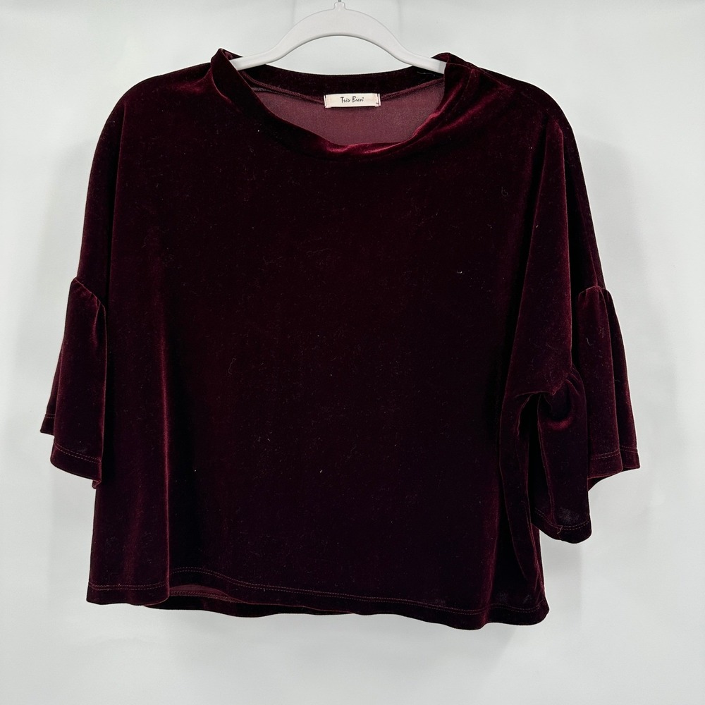Womens Burgundy Velvet Whimsigoth Top Sz 2X Bell Sleeve Oversized Boxy Romantic